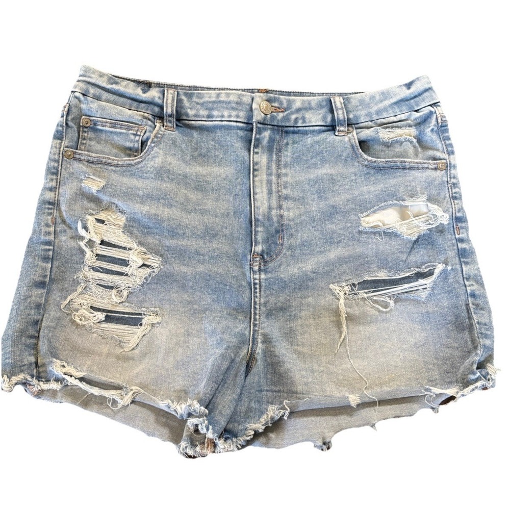 American Eagle Curvy Super Hi-Rise Shortie Distressed Denim Shorts Size 16 Blue